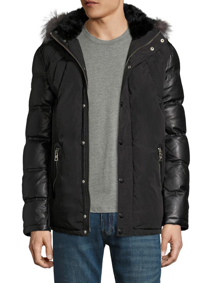M Benisti Leather Sleeve Fur Trimmed Puffer Parka