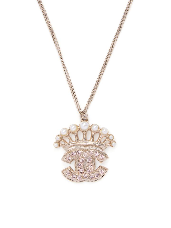 Vintage Chanel Crystal & Pearl Crown Pendant Necklace