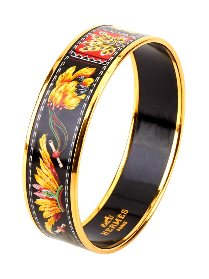 Herms Black & Gold Enamel Feathers Wide Bangle