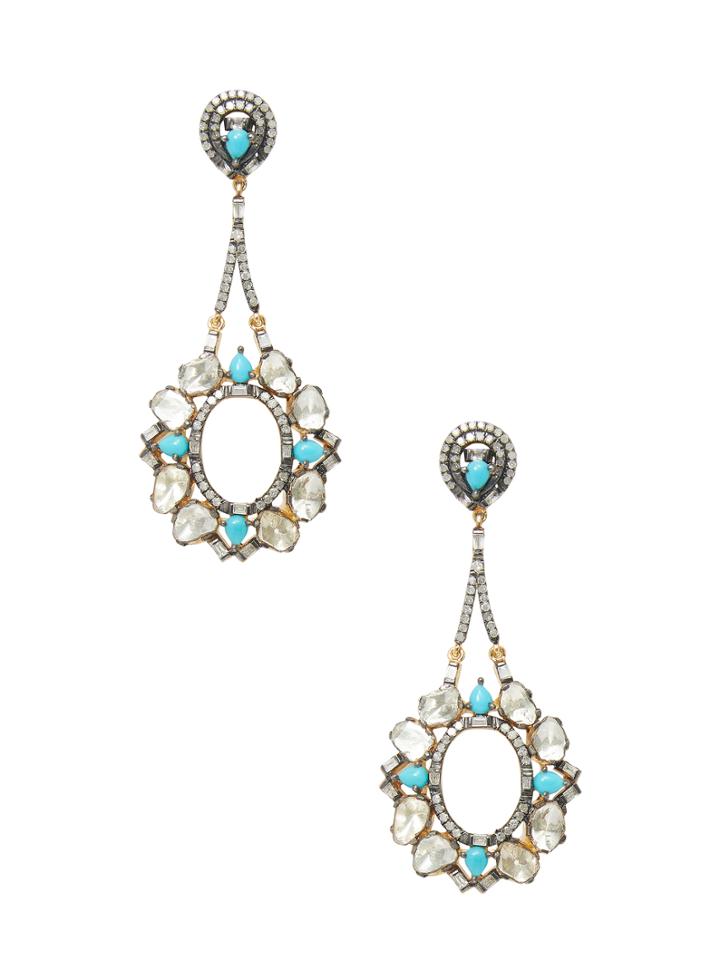 Artisan 18k Gold Dangling Rose-cut Diamond & Turquoise Earrings