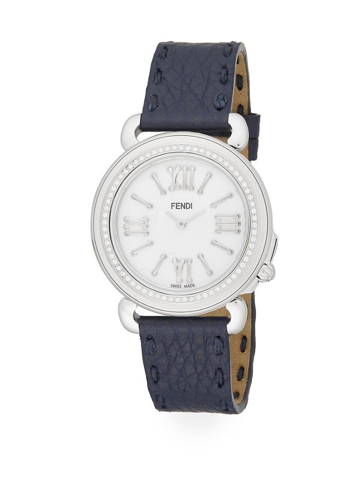 Fendi Selleria Diamond, Mother-of-pearl, Stainless Steel & Leather Strap Watch