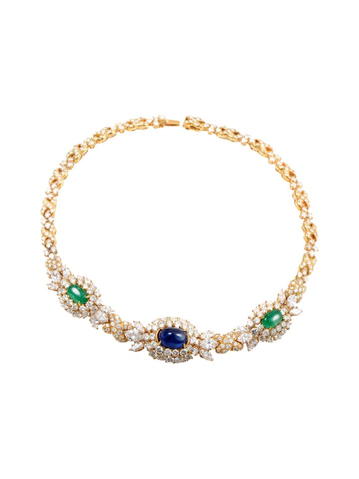 Vintage Harry Winston Diamond-set 18k Yellow Gold Sapphire & Emerald Choker Necklace