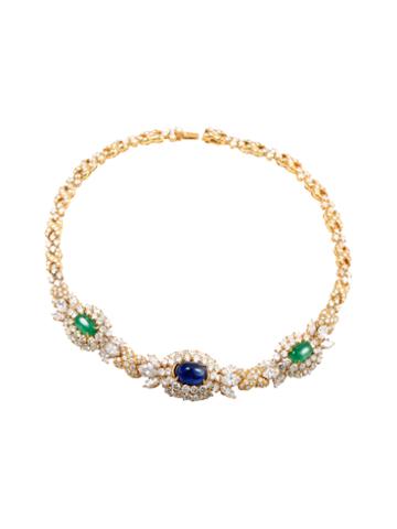 Vintage Harry Winston Diamond-set 18k Yellow Gold Sapphire & Emerald Choker Necklace