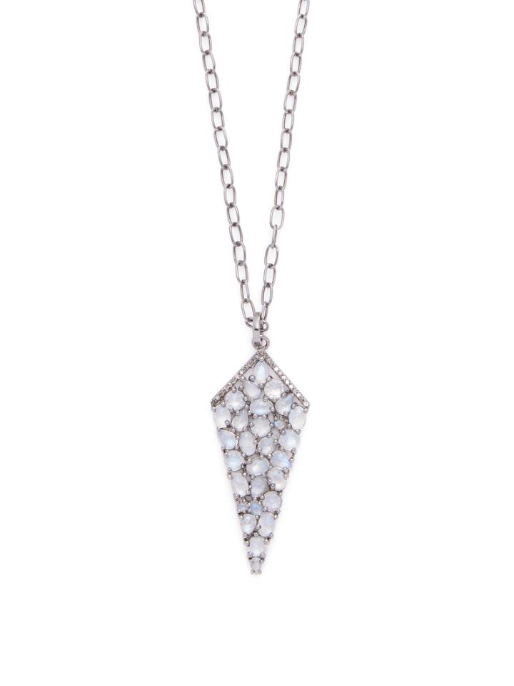 Bavna Sterling Silver, 0.42 Total Ct. Champagne Diamond & Rainbow Moonstone Spike Pendant Necklace