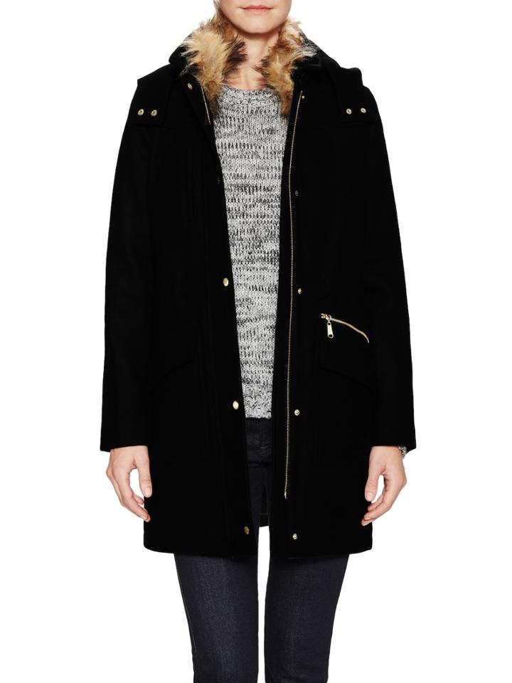 Cole Haan Wool Hooded Coat With Faux Fur Trim