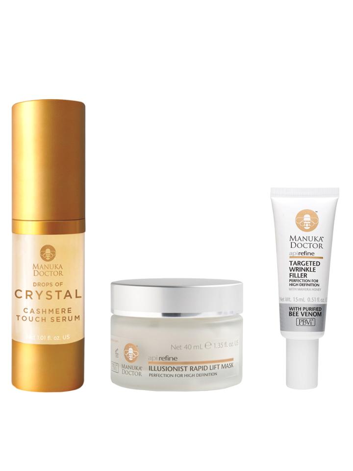 Manuka Doctor Ultimate Lift And Filler Anti-aging Set - Drops Of Crystal Cashmere Touch Serum + Api Refine Targeted Wrinkle Filler + Api Refine Illusionist Rapid Lift Mask