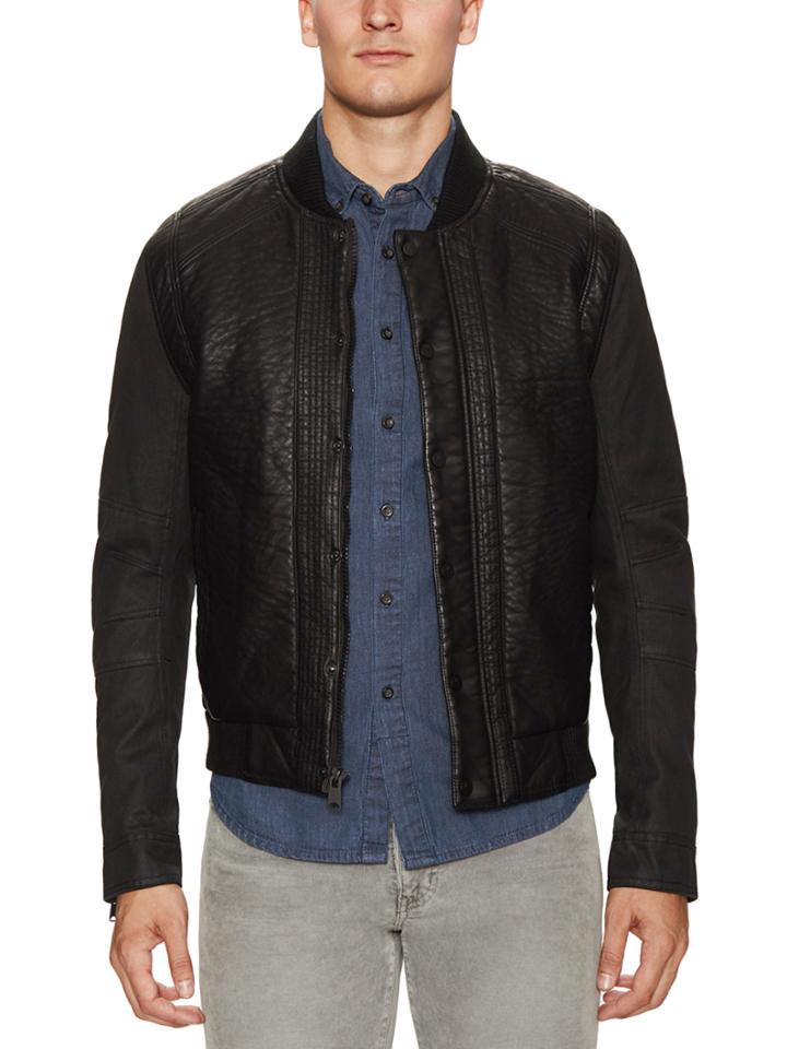 Rogue State Faux Leather Bomber Jacket With Denim Sleeves