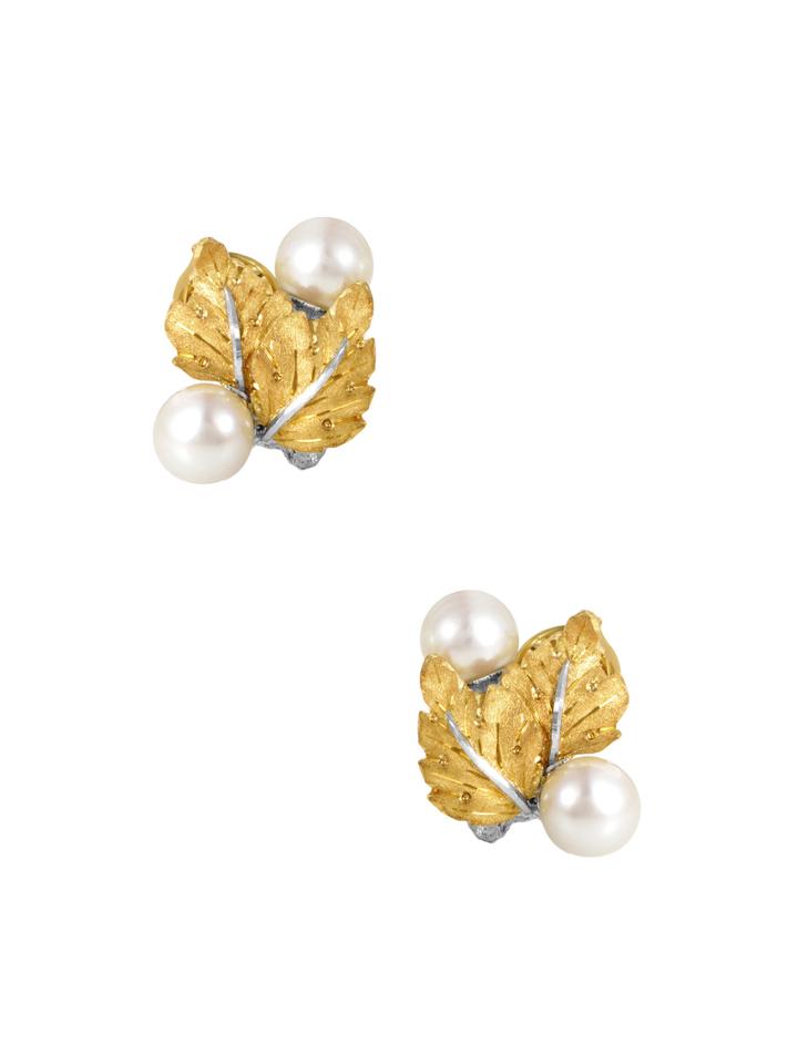 Estate Fine Jewelry Buccellati Two-tone Gold Leaves & Pearl Earrings