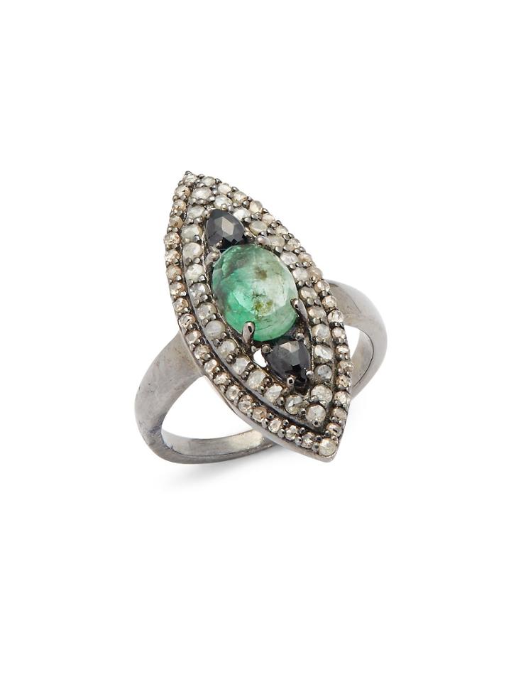 Bavna Diamond, Emerald & Sterling Silver Ring