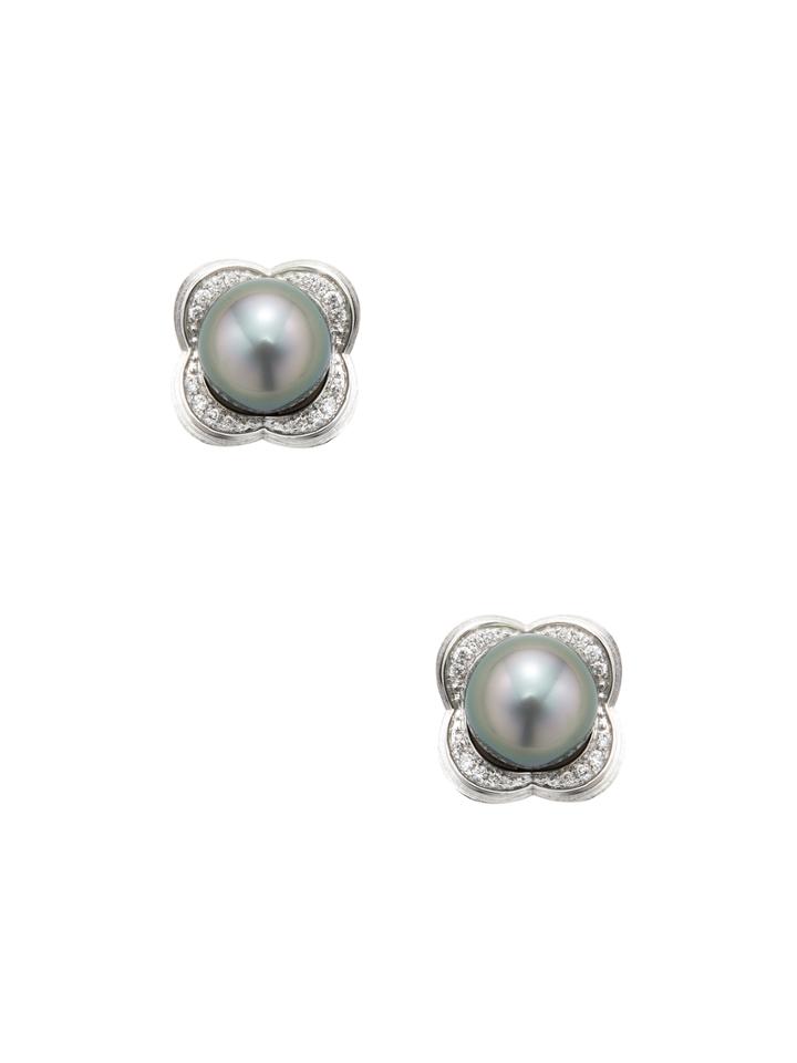 Tara Pearls 14k White Gold, Tahitian Pearl & 0.18 Total Ct. Diamond Flower Stud Earrings