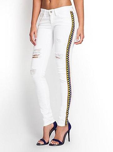 Guess Brittney Mid-rise Skinny White Embellished Jeans With Destroy