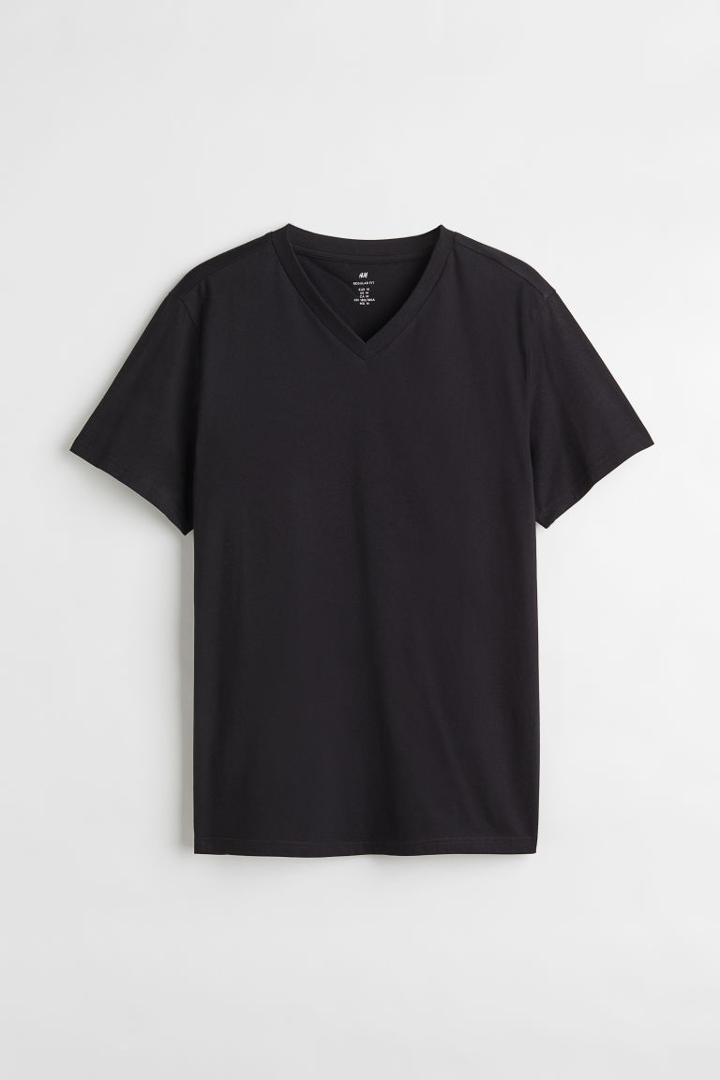 H & M - Regular Fit V-neck T-shirt - Black