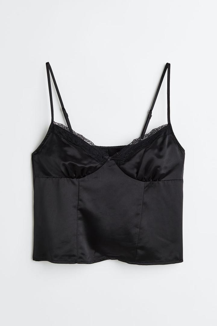 H & M - Lace-trimmed Satin Top - Black