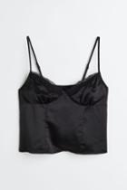 H & M - Lace-trimmed Satin Top - Black