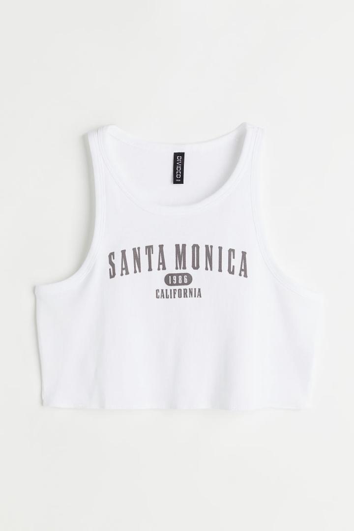 H & M - Printed Crop Tank Top - White