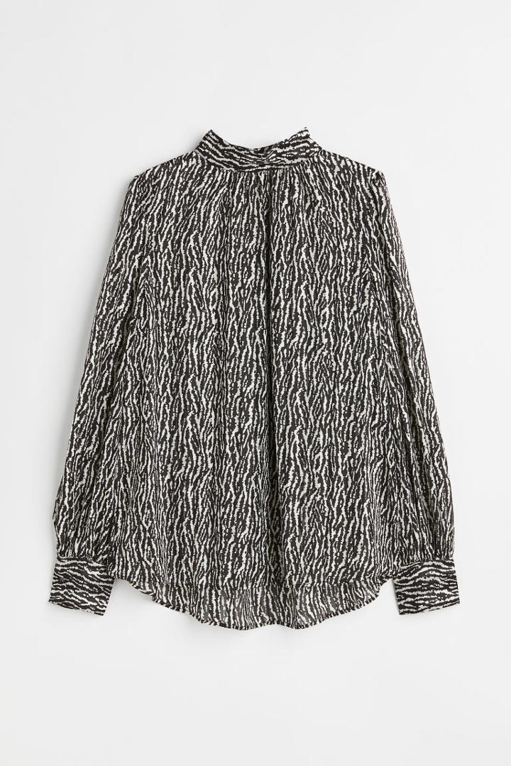 H & M - Stand-up Collar Satin Blouse - Black