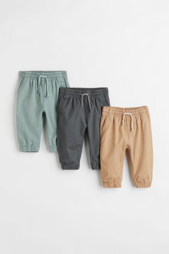 H & M - 3-pack Cotton Twill Joggers - Green