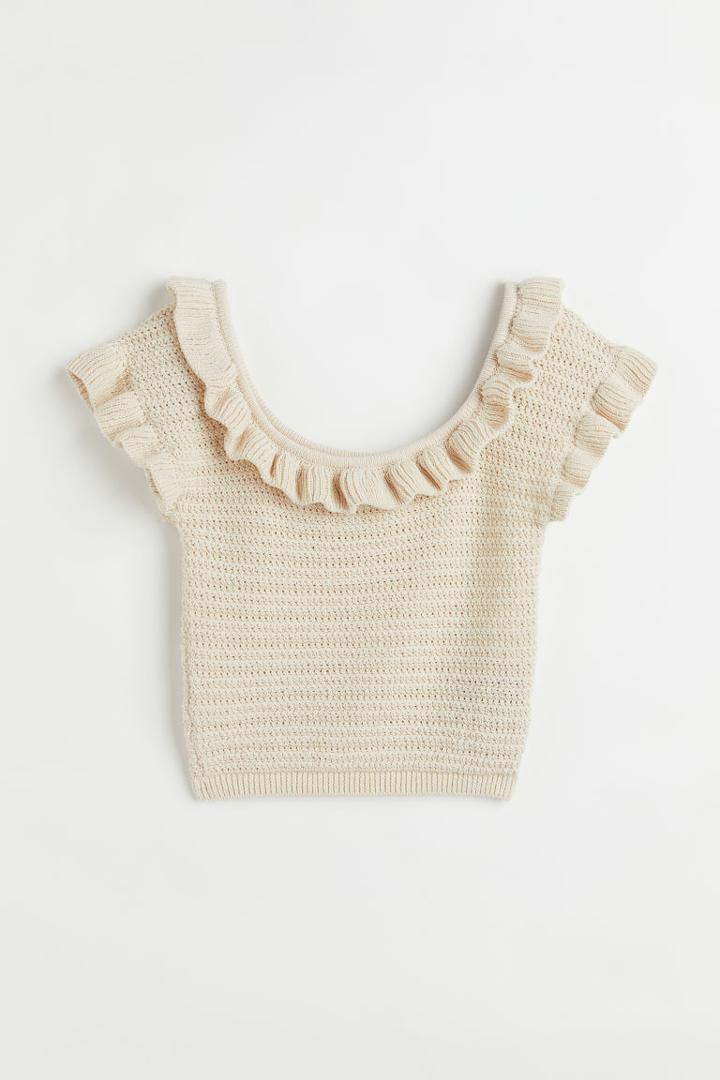 H & M - Flounce-trimmed Crop Top - Beige