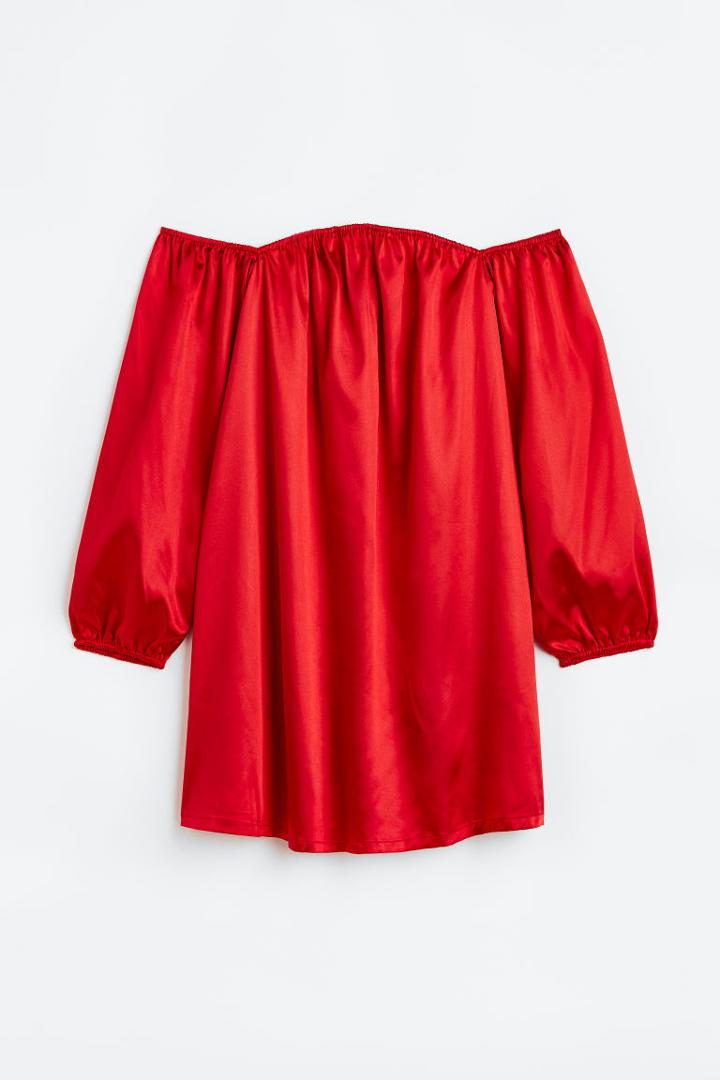 H & M - Off-the-shoulder Satin Dress - Red