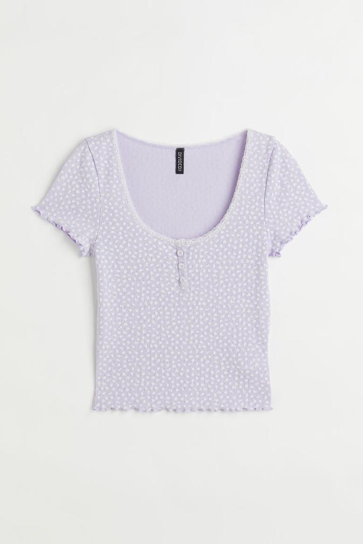 H & M - Ribbed Button-placket Top - Purple