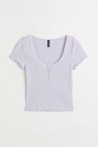 H & M - Ribbed Button-placket Top - Purple