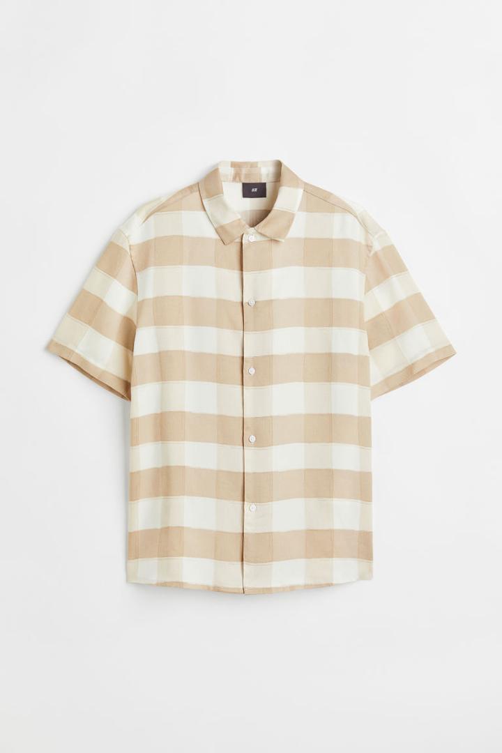 H & M - Regular Fit Lyocell Short-sleeved Shirt - Beige