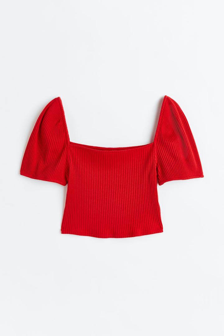 H & M - Puff-sleeved Ribbed Top - Red