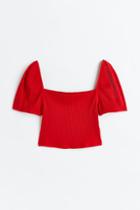 H & M - Puff-sleeved Ribbed Top - Red