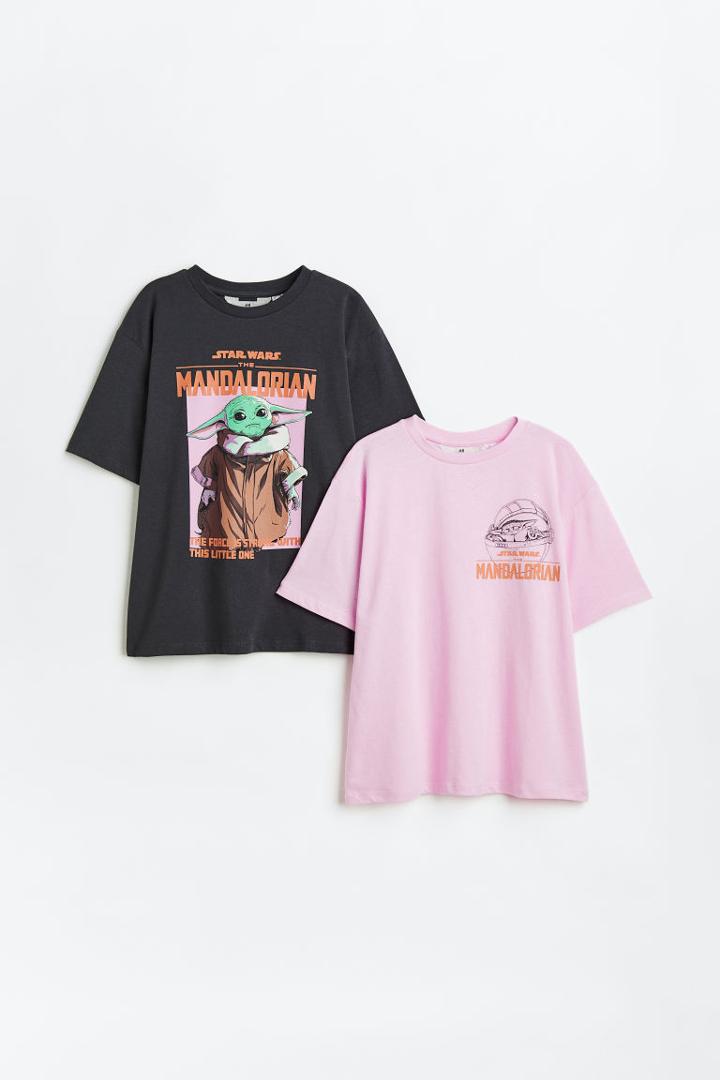 H & M - 2-pack Oversized Printed T-shirts - Gray