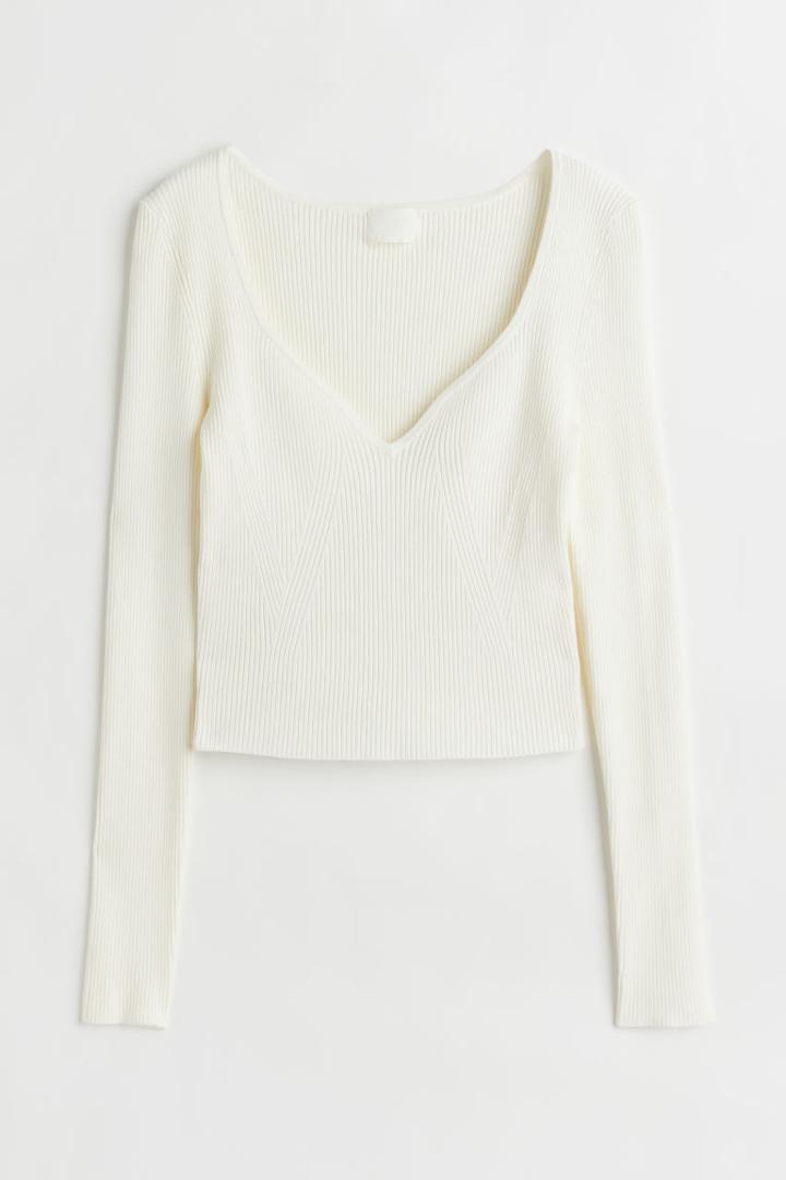 H & M - Short Rib-knit Sweater - White