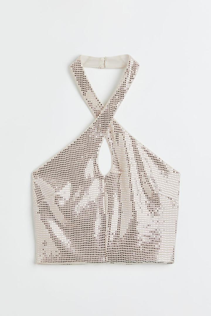 H & M - Sequined Halterneck Top - Beige