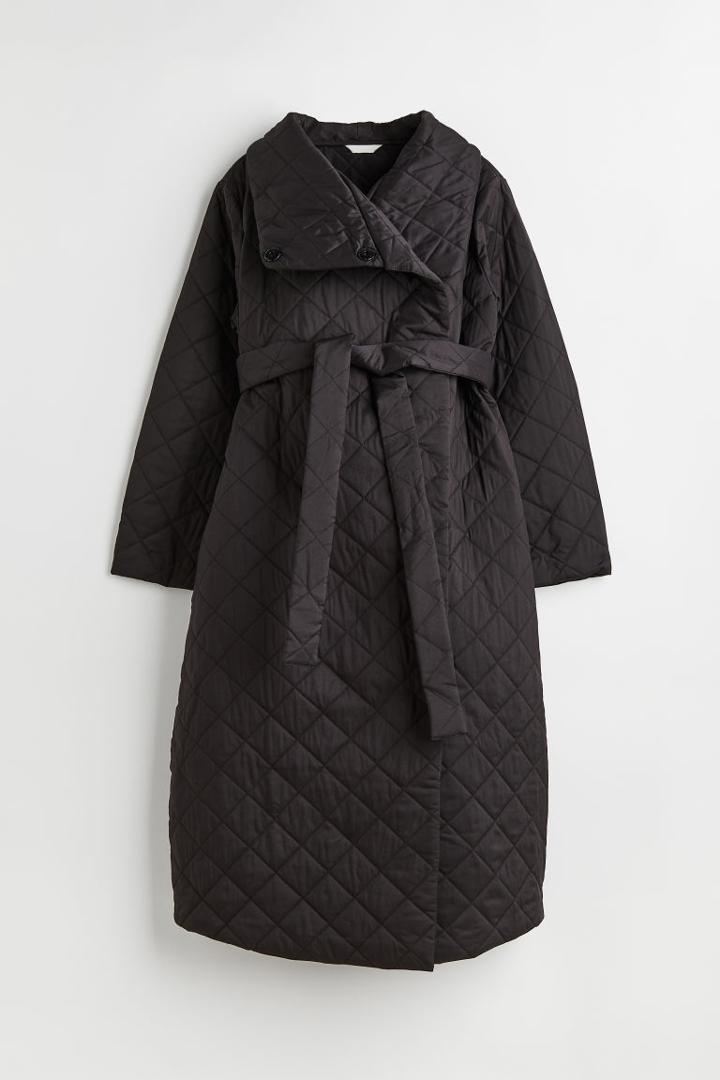 H & M - Mama Quilted Tie-belt Coat - Black