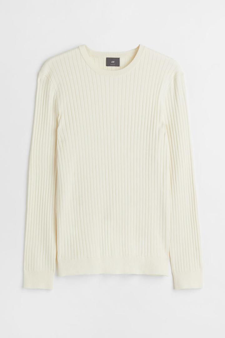 H & M - Muscle Fit Fine-knit Sweater - White
