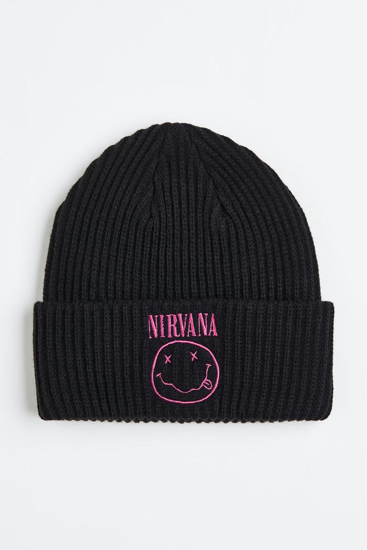 H & M - Embroidered Rib-knit Hat - Black