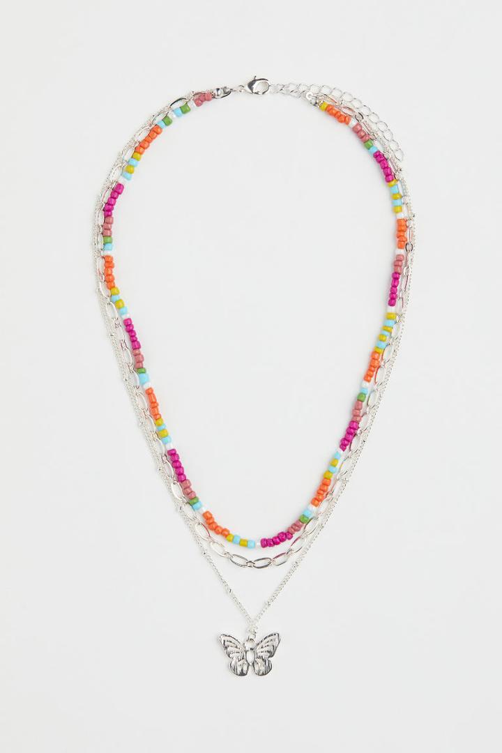 H & M - Double-strand Rhinestone-pendant Necklace - Silver