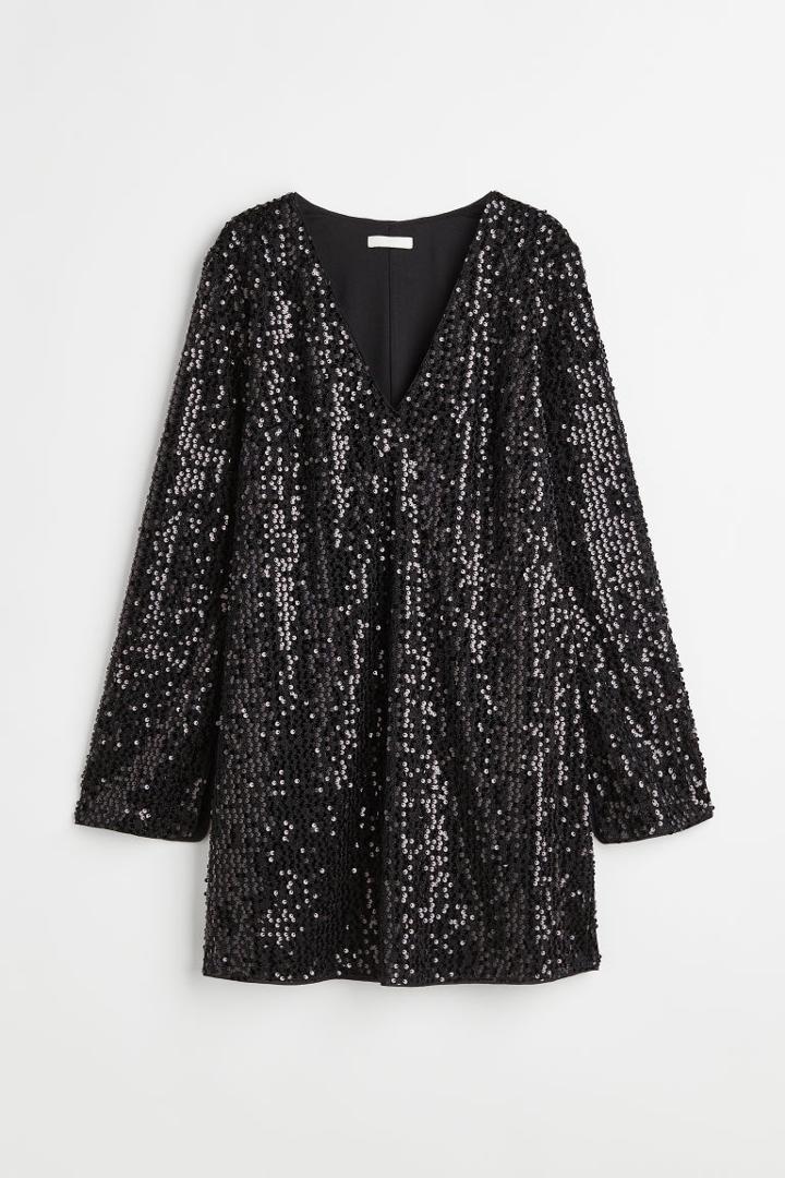 H & M - V-neck Sequined Dress - Black