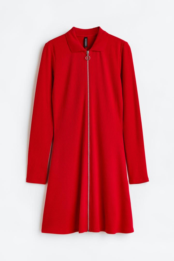 H & M - Collared Zip-front Dress - Red