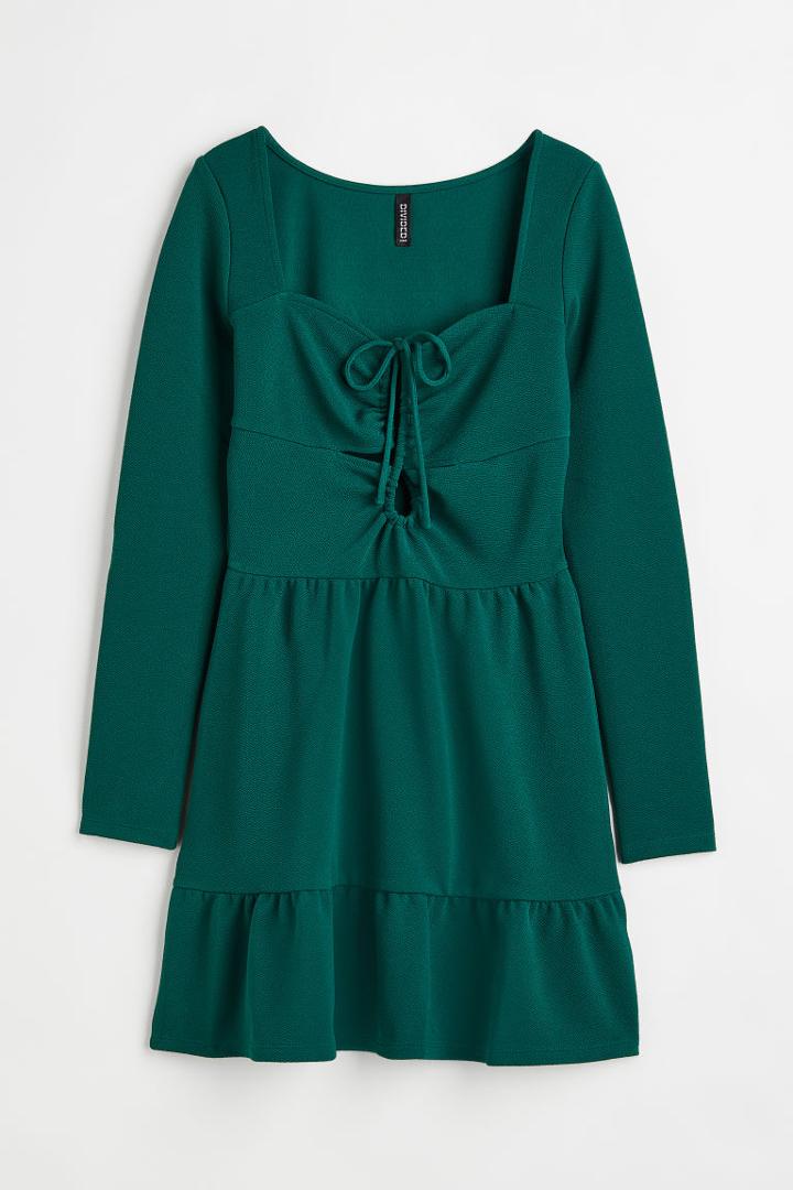 H & M - Crped Dress With Lacing - Green