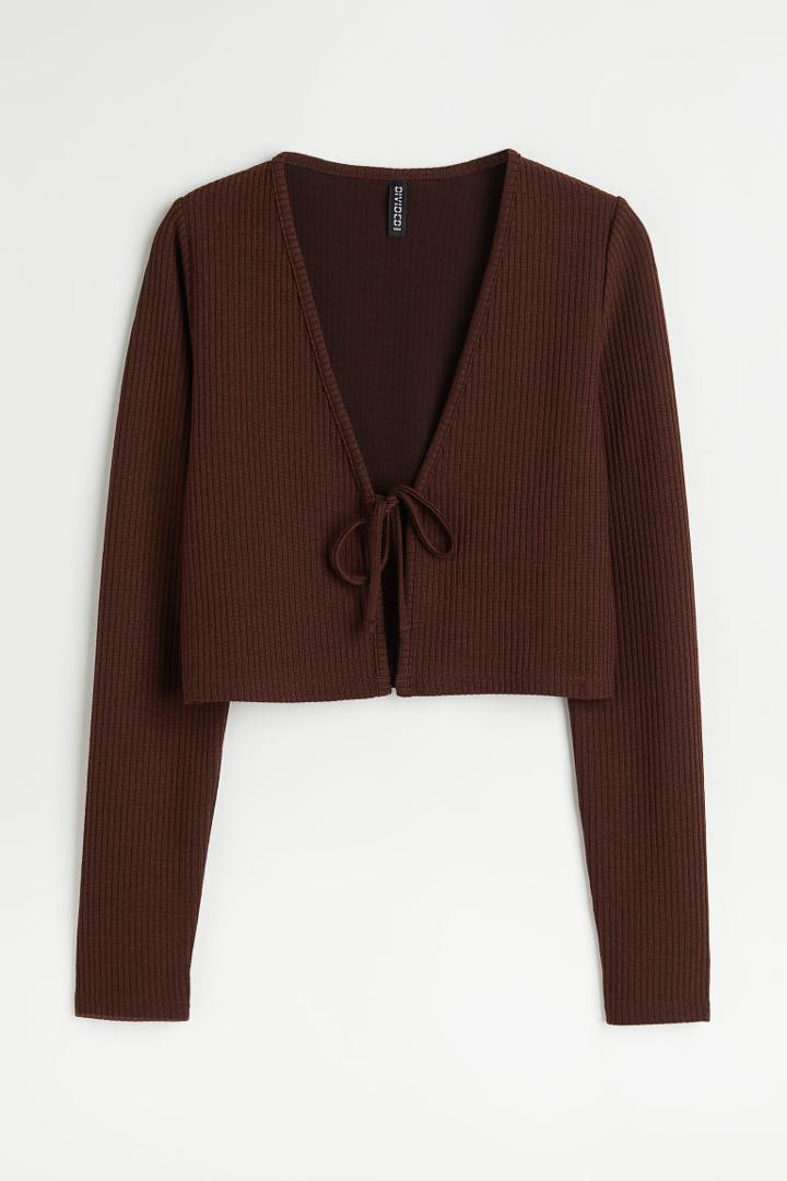 H & M - Ribbed Tie Detail Cardigan - Brown
