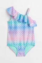 H & M - Patterned Flounced Swimsuit - Turquoise
