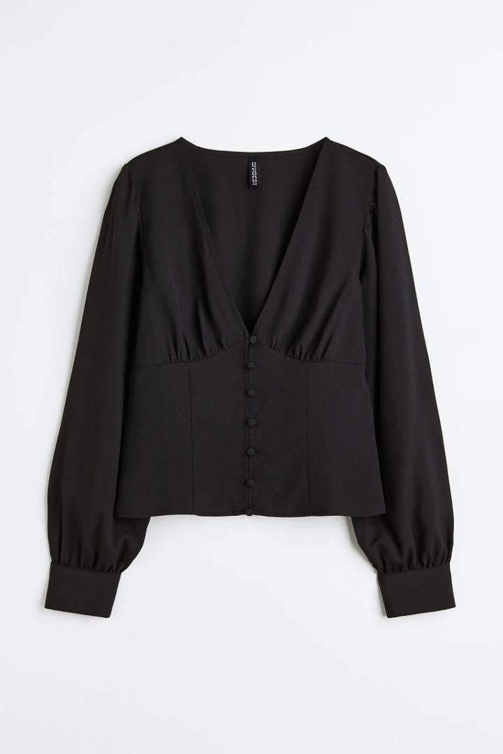 H & M - Button-front Crped Blouse - Black