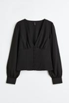 H & M - Button-front Crped Blouse - Black