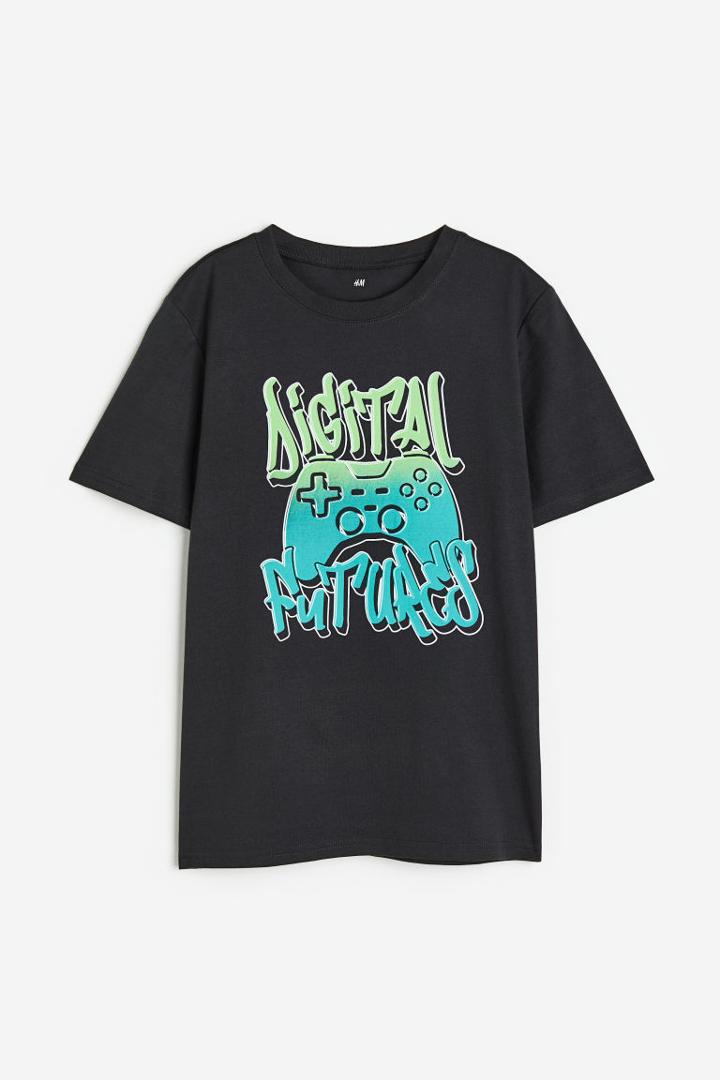 H & M - Printed Cotton T-shirt - Black