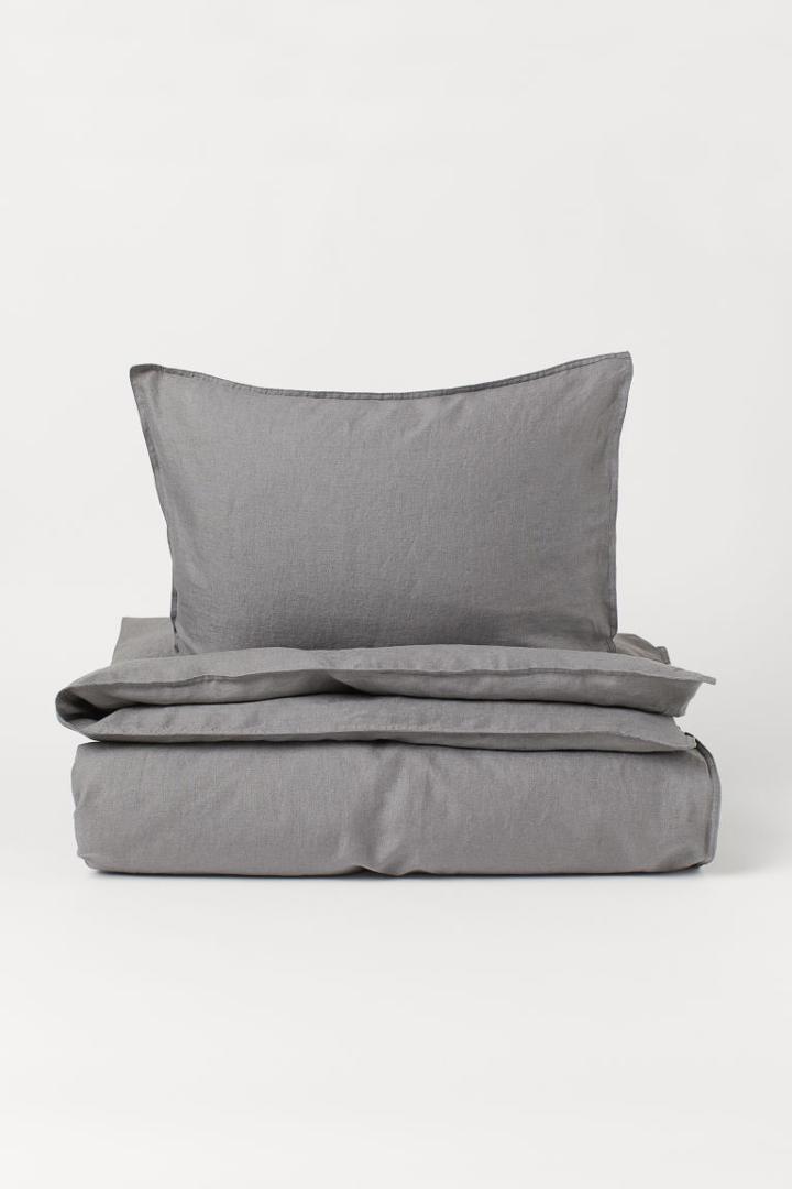 H & M - Linen Twin Duvet Cover Set - Gray
