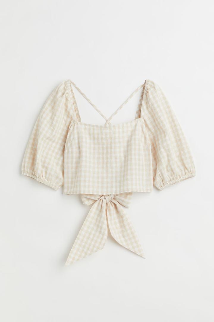 H & M - Linen-blend Crop Blouse - White