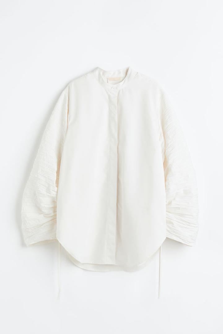 H & M - Oversized Gathered-sleeve Shirt - White