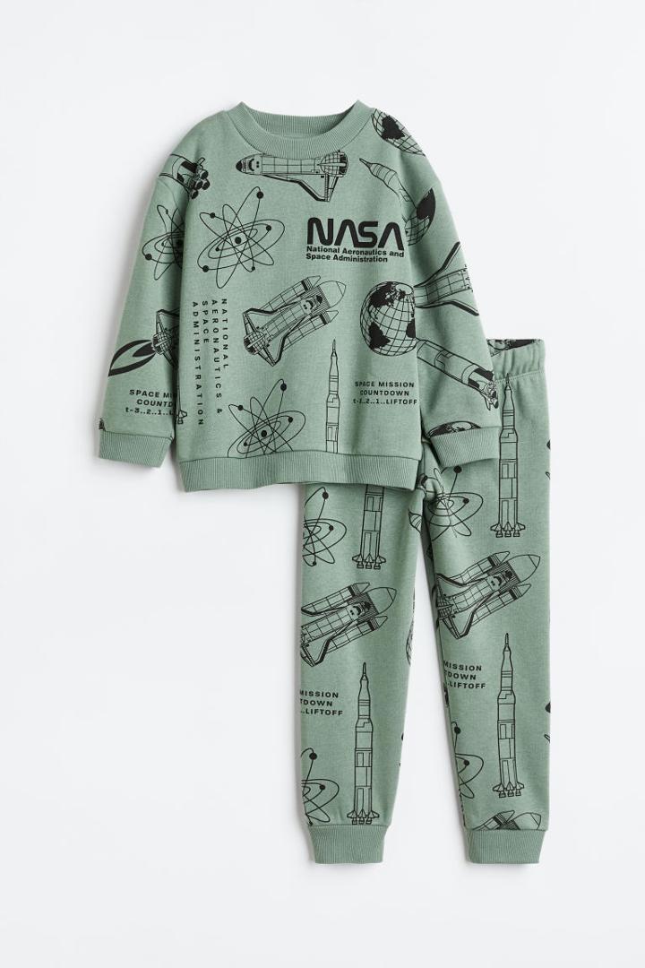 H & M - 2-piece Patterned Sweatshirt Set - Green