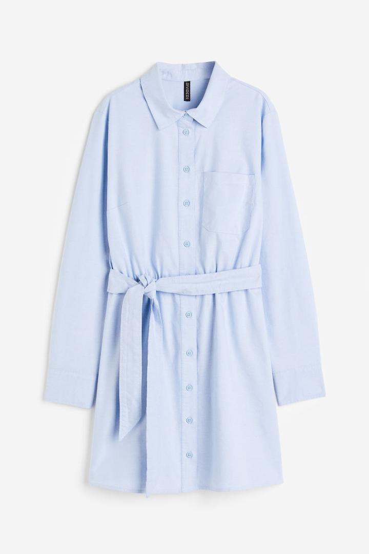 H & M - Tie-belt Cotton Shirt Dress - Blue