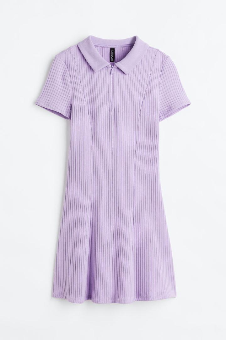 H & M - Collared Ribbed Dress - Purple