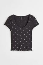 H & M - Lace-trimmed Ribbed Top - Gray